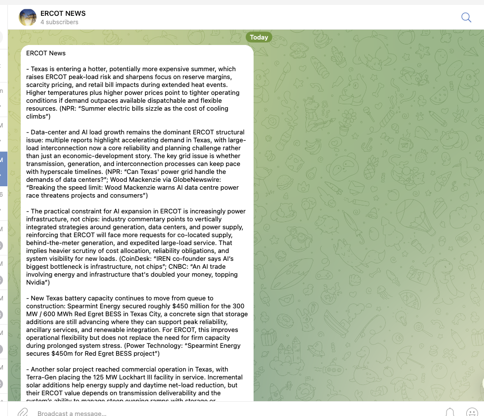 ERCOT dashboard news and Telegram workflow