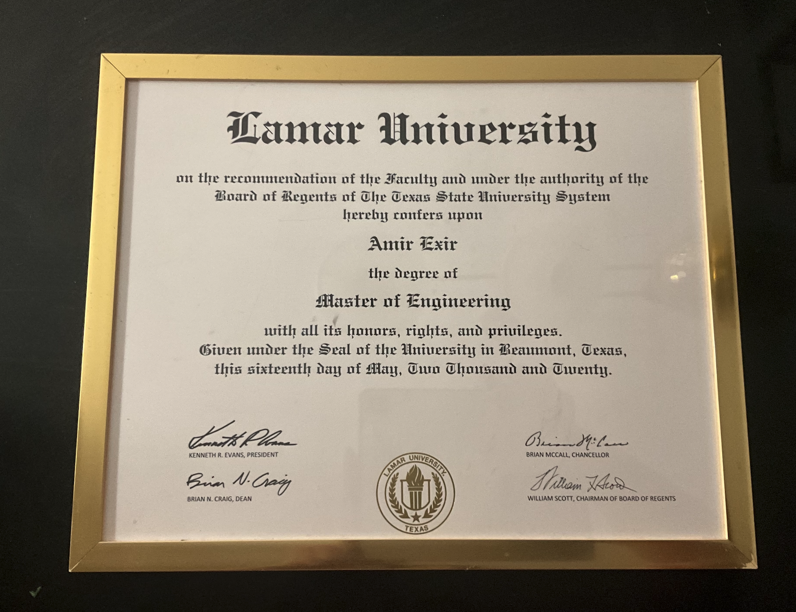Masters License Framed