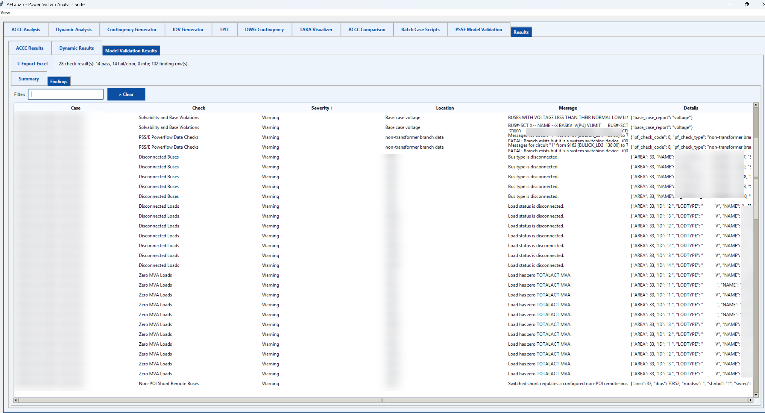 PSS/E model validation detailed results