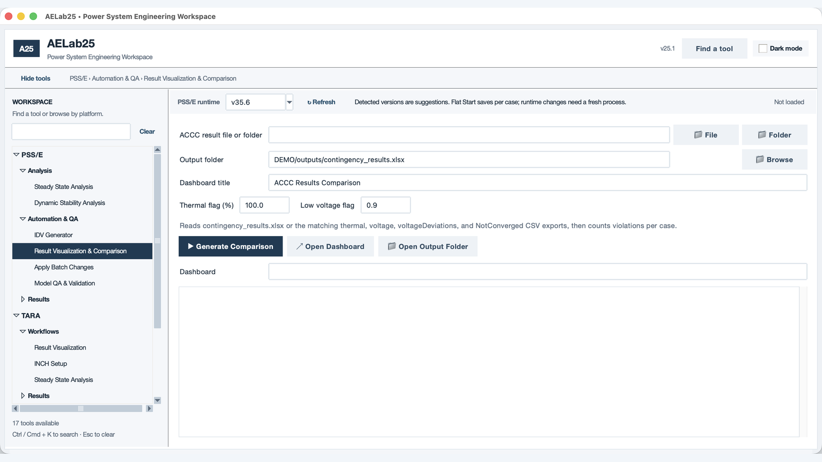 AELab25 PSS/E result visualization and comparison workspace