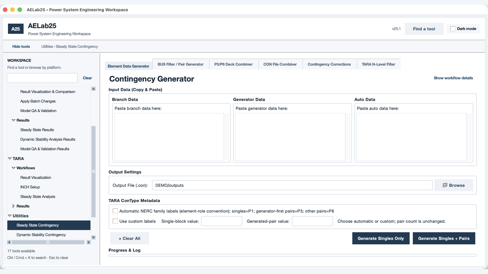 AELab25 steady-state contingency generator and element data