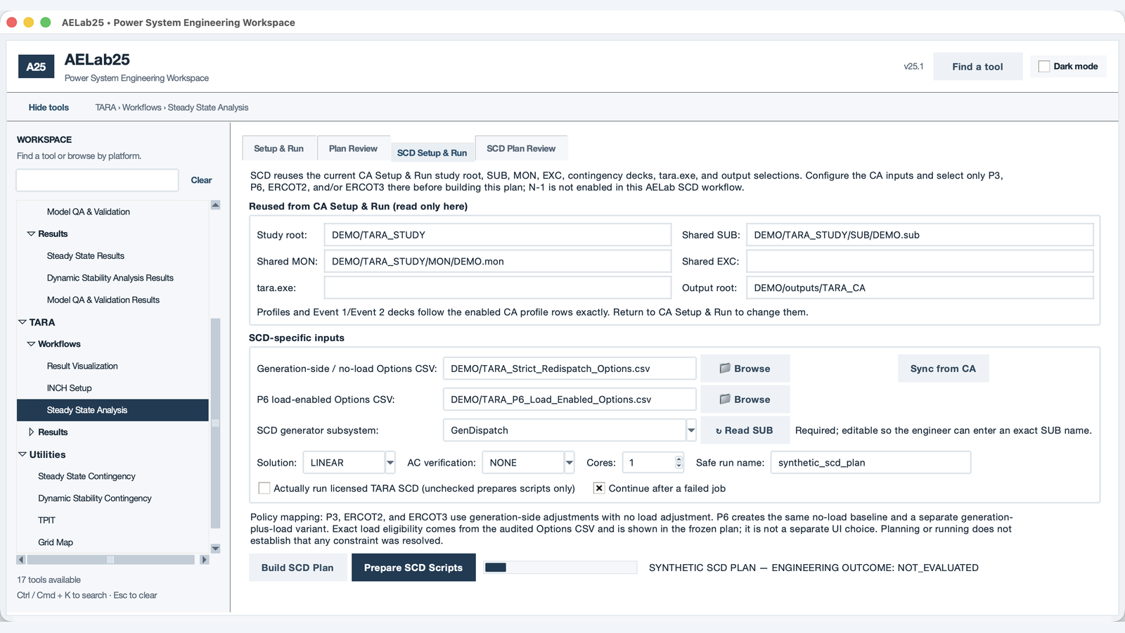 AELab25 TARA SCD setup and run workspace with synthetic demo inputs
