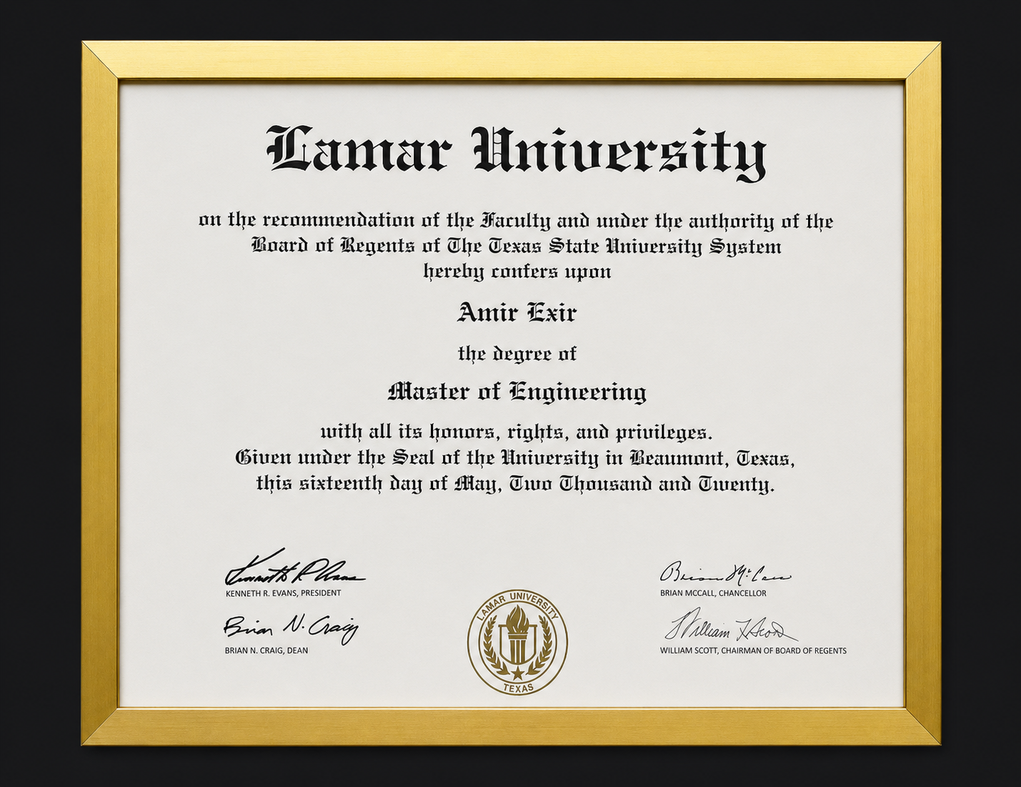 Lamar University master's diploma